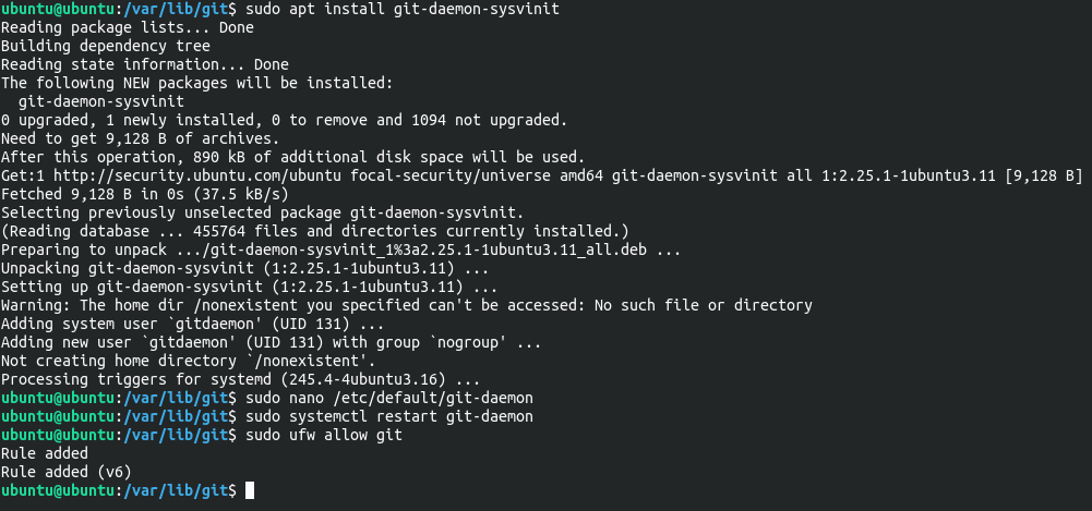The Git protocol setup of a Git server