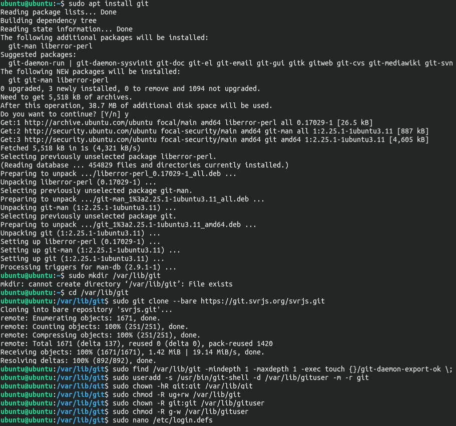 The initial setup of a Git server