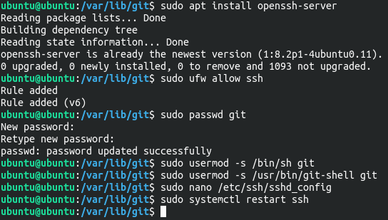 The SSH setup of a Git server