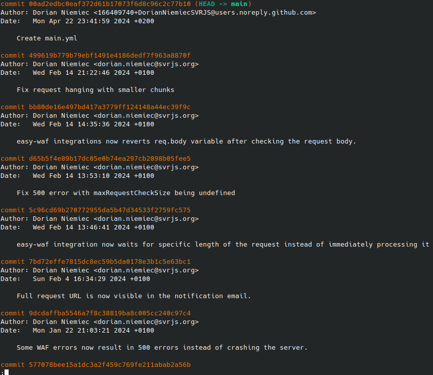 The output of the `git log` command