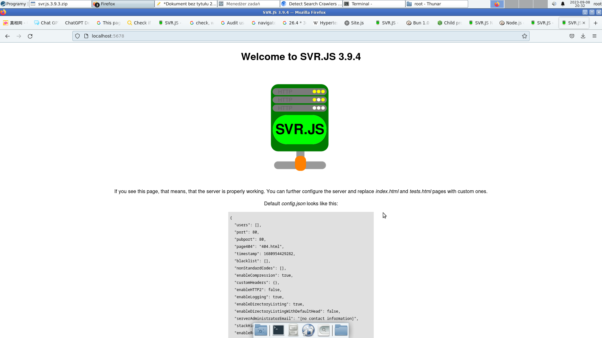 Default server page served by SVR.JS running on Bun 1.0