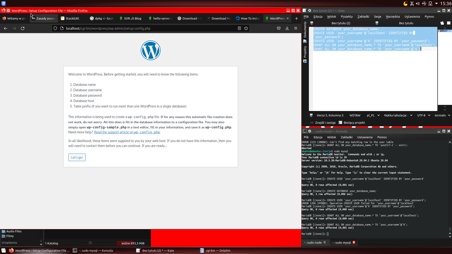 WordPress setup screen